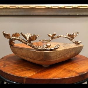 Decorative Wooden Bowl with Gold Tone Dogwood Handles